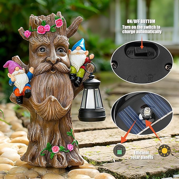 Whimsical Tree Ent Garden Statue with Gnomes – Solar Powered Outdoor Decor with LED Lantern, Funny Yard Ornament for Lawn, Patio, Porch, or Garden