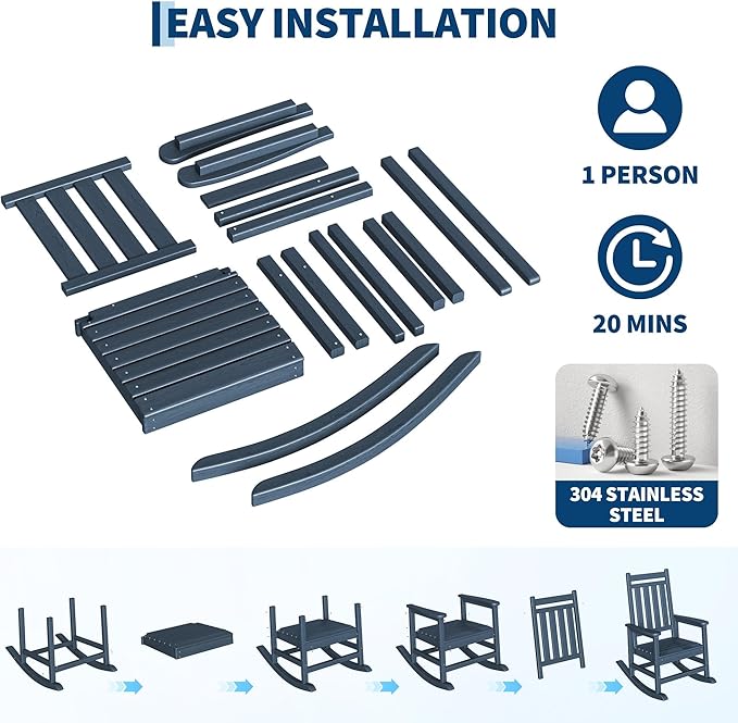 Garvee HDPE Rocking Chair Outdoor Set of 6 - Poly High Back Porch Rocker Chairs for Adults - All Weather Resistant Furniture for Patio Front Porch - Navy Blue - Image 5