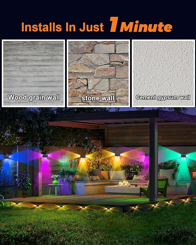 4 Pack Color Changing Solar Powered Fence Lights Outdoor Decorative LED Waterproof Yard Lamps for Outside Wall, Deck, House Patio, Rail, Stair, Yard, Pool, 7 Colorful Modes, Easy 1-Min Installation