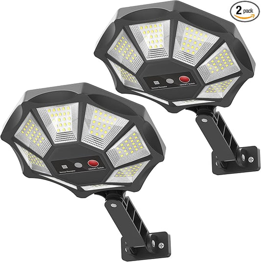 Solar Lights Outdoor, 168LED 6500K Flood Light Dusk to Dawn, 8 Sides Solar Outdoor Lights with Motion Sensor, IP66 Waterproof Solar Street Lights Outdoor for Yard, Pools(2 Pack)