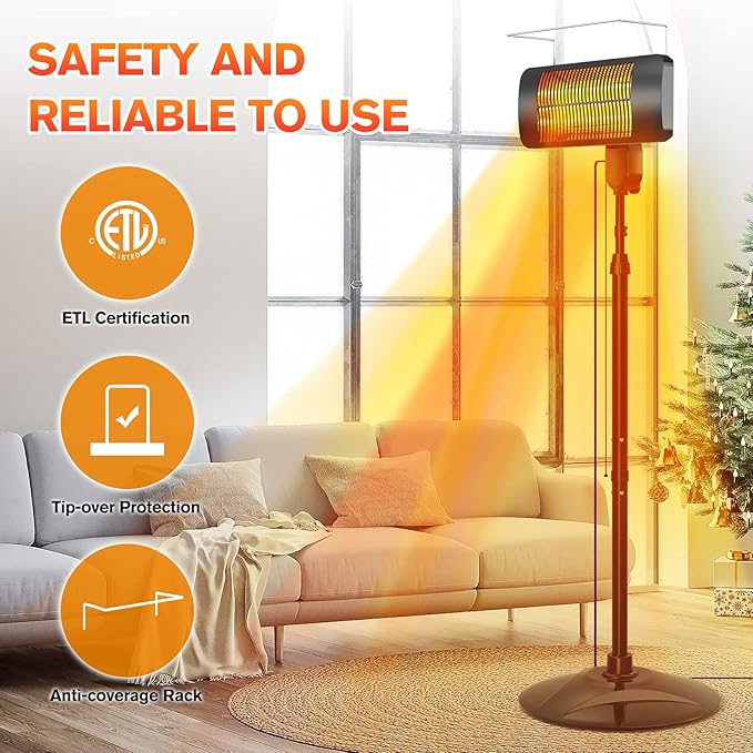 Outdoor Heaters for Patio, 1500W, 3 Heat Modes & 12H Timer, IP54 Waterproof Electric Heater with Adjustable Height, Tip-Over Protection, 78" Portable Infrared Heater for Indoor Outdoor use, Onyx