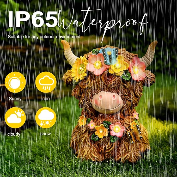 Highland Cow Solar Statue Outdoor Decor Resin Highland Cow Figurine with Flower Gifts for Women Mom for Spring Yard Garden Lawn Ornaments, Calf Gnome Herd Lovers(Bright)
