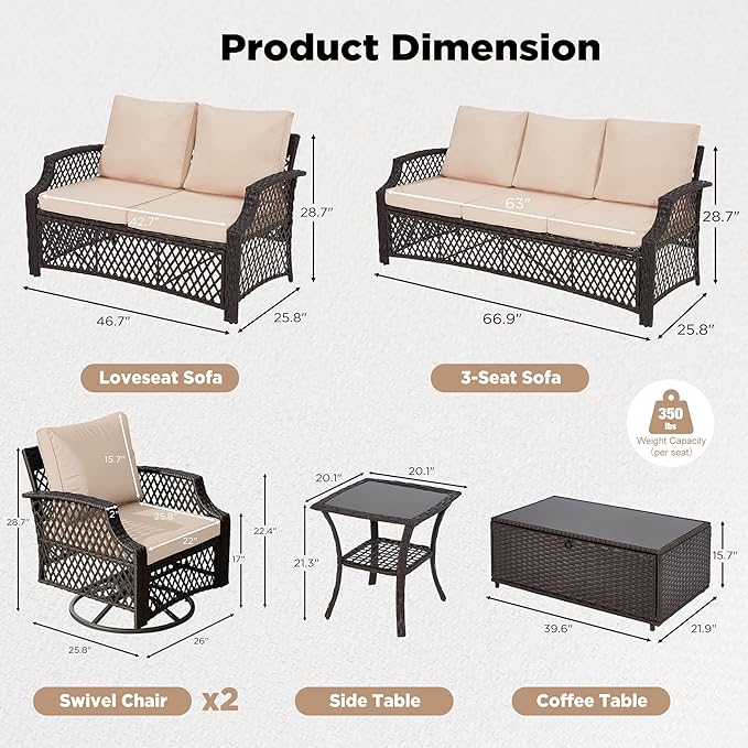 HOMREST 6 Piece Patio Furniture Set, Wicker Outdoor Conversation Sofa Set with Swivel Chairs, Loveseat, Storage Coffee Table, Rattan Outdoor Sectional for Deck Backyard Porch（7 Seats, Khaki