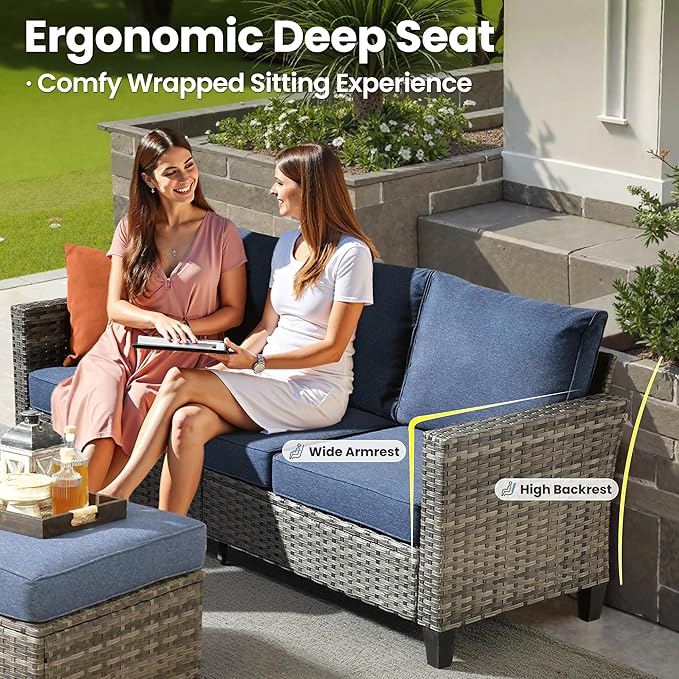 ovios Patio Furniture Set, 9 Pieces Outdoor Wicker Sofa Couch with 6 Chairs, Ottomans and Comfy Cushions, All Weather High Back Rattan Conversation Set, Denim Blue