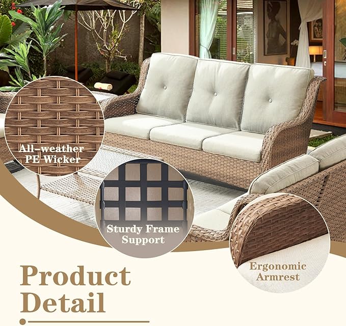Wicker Patio Furniture Set: 13 Piece Outdoor Conversation Sets with 4 Swivel Rocker Chairs, 2 Patio Couch, Rattan Ottomans, 4 Side Table and Coffee Table for Deck Garden, Yellow/Beige