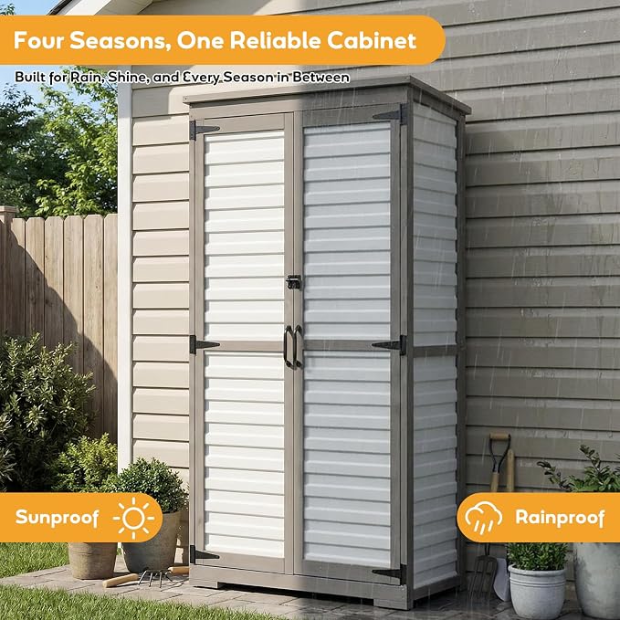 Outdoor Storage Cabinet with Shelves, Lockable Garden Shed, Wood & Plastic Weatherproof Outside Tool Cabinet for Patio, Backyard, Balcony White - Image 7