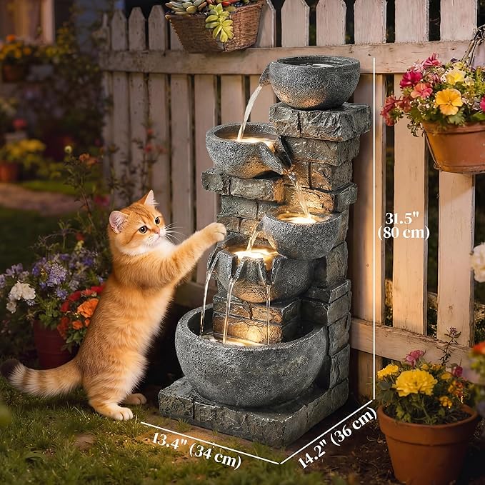 Outsunny 31.5" Tall 5 Tiers Outdoor Water Fountain, Waterfall Fountain with Warm LED Lights, Outdoor Cascading Water Feature for Garden Patio Backyard Porch Home Decor, Stone Gray