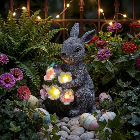 PETAFLOP Solar Garden Rabbit Statue Decor, Easter Bunny Figurine with Flower Lights for Yard, Patio, Pathway, Lawn, Patio, Balcony