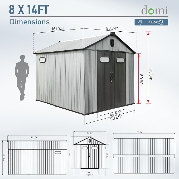 Domi 8x14 FT Outdoor Resin Storage Shed, All-Weather Double-Wall Storage Building with Lockable Doors and Ventilated Roof, Ideal for Lawn Tools, Bikes, Mowers, and Pool Equipment, Grey - Image 3