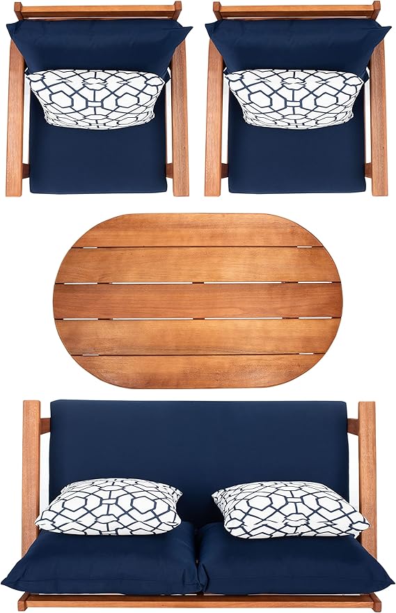 SAFAVIEH Outdoor Collection Deacon Natural Acacia Wood/Navy Cushion 4-Piece Conversation Patio Set with Accent Pillows
