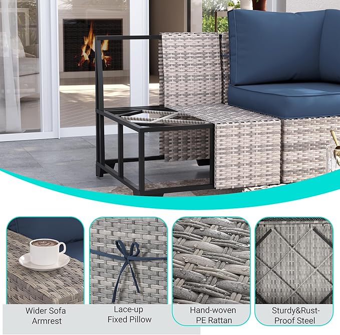 13-Piece Outdoor Patio Furniture Set with 55,000 BTU Fire Pit Table, PE Wicker Rattan Sectional Sofa Patio Conversation Set with Coffee Table, Navy Blue