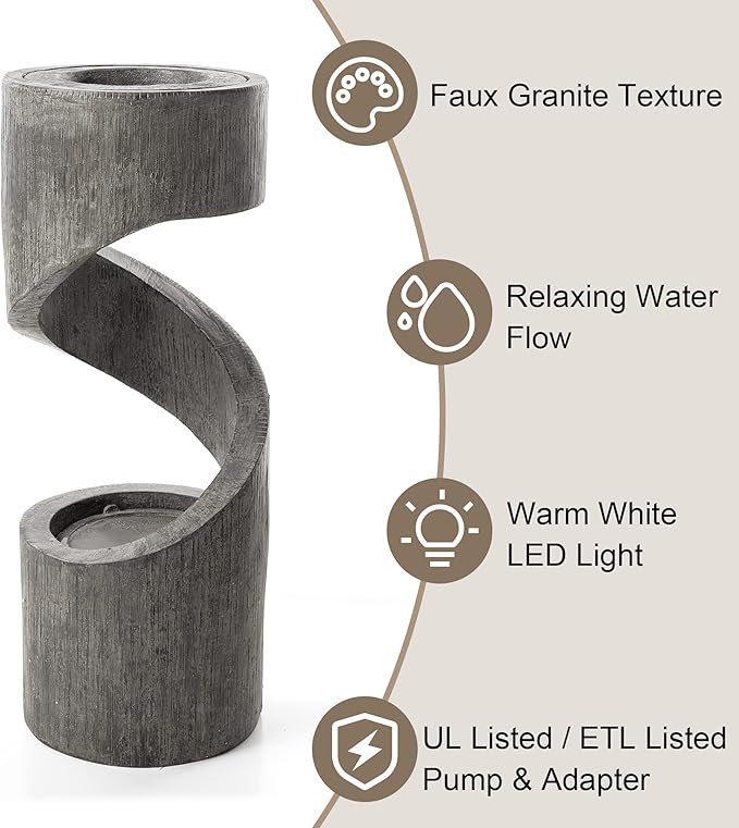 Glitzhome Outdoor Fountain with LED Light, Spiral Water Fountain Outdoor with Stone Planter, Modern Curved Waterfall Fountains Water Feature for Garden Patio, 31.3”H