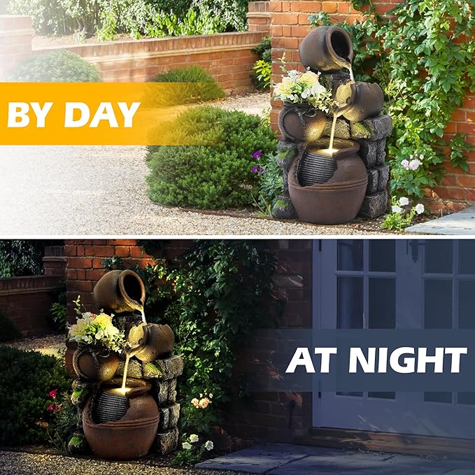 TITIMO Outdoor Water Fountain with Flower Pot and Lights - Cascading Pitchers Farmhouse Fountains and Waterfalls, Garden Fountain Patio Decor, Waterfall Fountains Indoor and Outdoor