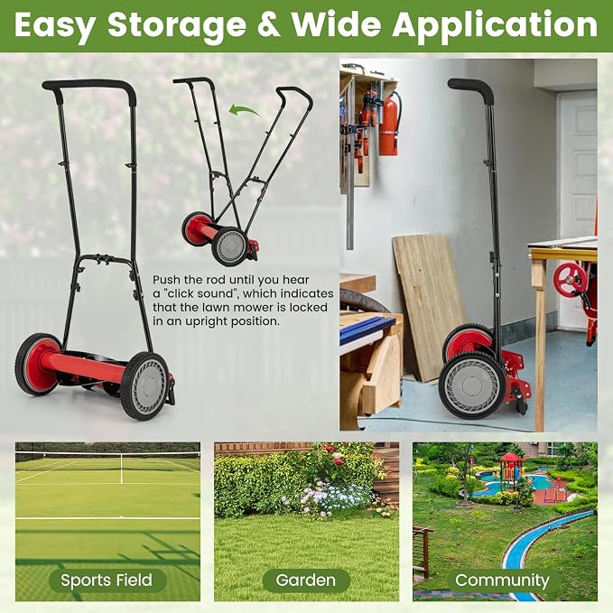 16-inch 5-Blade Push Reel Lawn Mower, Walk-Behind Grass Cutter w/Removable 7 Gallon Grass Catcher Bag & Adjustable Cutting Height, Cordless Manual Lawn Mower for Garden, Lawn, Yard (Red) - Image 9