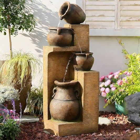 53" H Large Outdoor Water Fountain with Lights - 4 Tiered Cascading Bowls Waterfall Fountain for Garden, Patio, Backyard, Porch Inside - Freestanding Outdoor Water Feature Gold