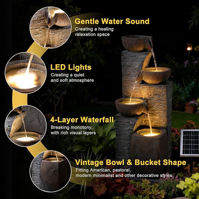 38.2" Tall Solar Water Fountain Outdoor Garden,Stone Texture Modern 4 Tiers Cascading Bowls Garden Fountains Outdoor,Suit for Patio, Deck, Porch, Lawns, Backyard and Home Art Decor