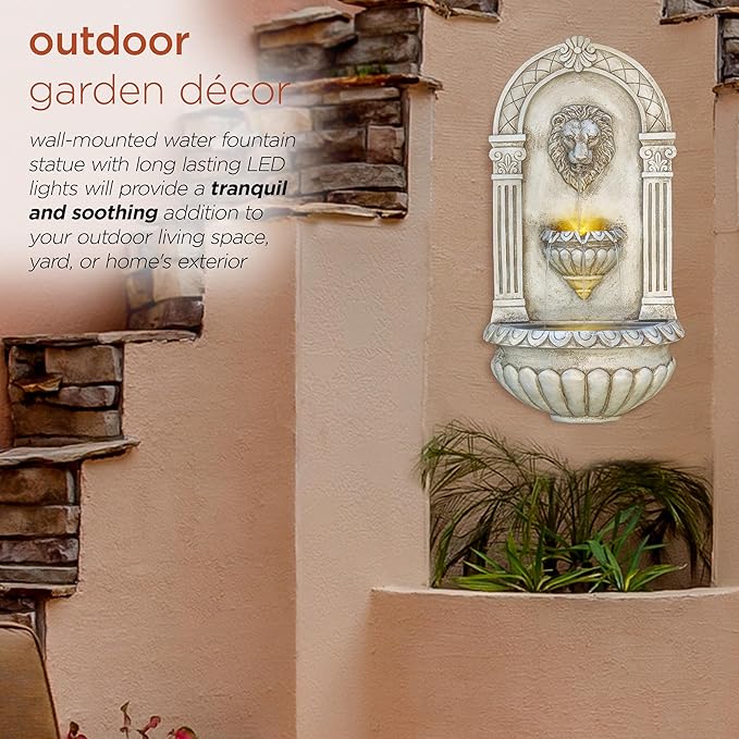 Alpine Corporation TZL160 Indoor/Outdoor Floor Lion Head Wall Fountain with LED Lights, Wall-Mounted Waterfall, 32", Ivory