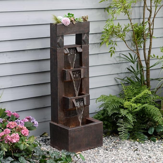 Vintage Wood-Look Waterfall Fountain with LED Lights & Planter – Indoor & Outdoor Water Fountain for Patio, Garden, Porch or Home Decor 40.9" H Patio Fountains Outdoor Yard Water Feature