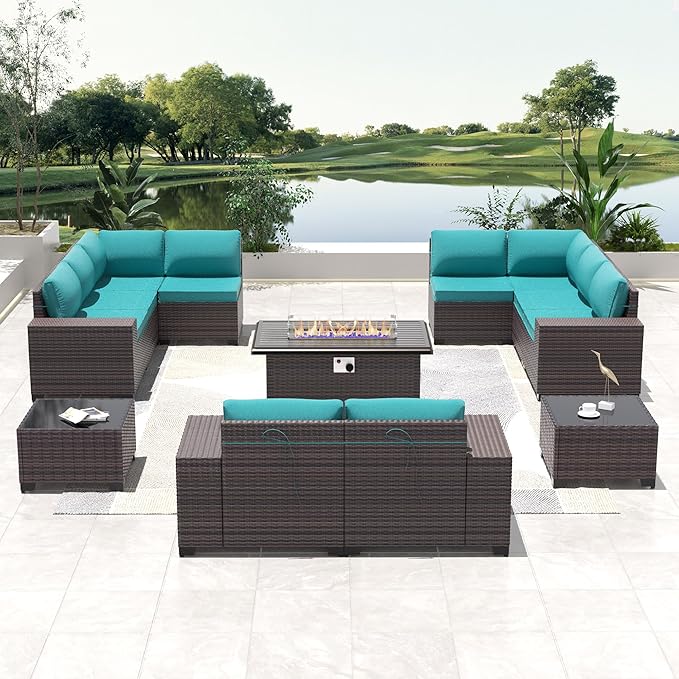 13 PCS Outdoor Patio Furniture Set,Outdoor Sectional Furniture with 43" 55000 BTU Gas Propane Fire Pit Table,All Weather PE Rattan Wicker Patio Conversation Set,Turquoise Blue