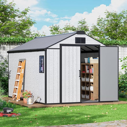 MELLCOM 8 x 12 FT Outdoor Resin Storage Shed with Floor, Garden Storage Shed with Windows and Lockable Door, Resin Tool Shed for Lawnmower,Pool Supply,Bike by MELLCOM