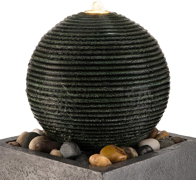 Glitzhome Outdoor Water Fountain, Outdoor Fountain with Lights, 36.5" H Modern Geometric Pedestal and Sphere Polyresin Outdoor Floor Standing Fountain with Pebbles, Pump for Garden, Patio, Backyard