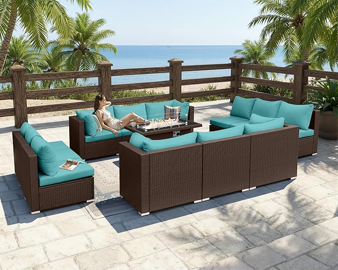 BULEXYARD 13 Piece High Back Wicker Patio Furniture Sets with Fire Pit, Modern Elegant Outdoor Seating Set Modular, Comfy Extra Deep Wide 12-Person Sectional Couch Sofa for Backyard, Brown & Turquoise