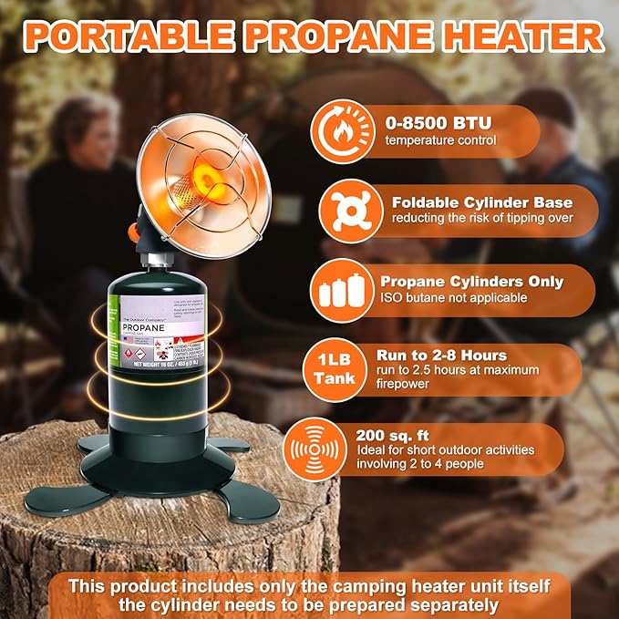 Portable Propane Heater Outdoor Camping Heater, 8500 BTU, Piezo Ignition, for Patio Tent Picnic Ice Fishing, With Cylinder Base Holder & Storage Case (Without Tank)