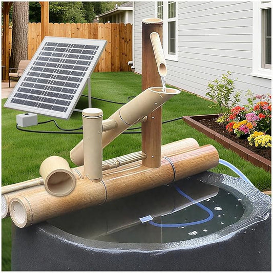 Bamboo Fountain with Pump & Solar Powered，Traditional Japanese Rocking Fountains Kit,Handmade Bamboo Water Fountain for Indoor Outdoor Backyard