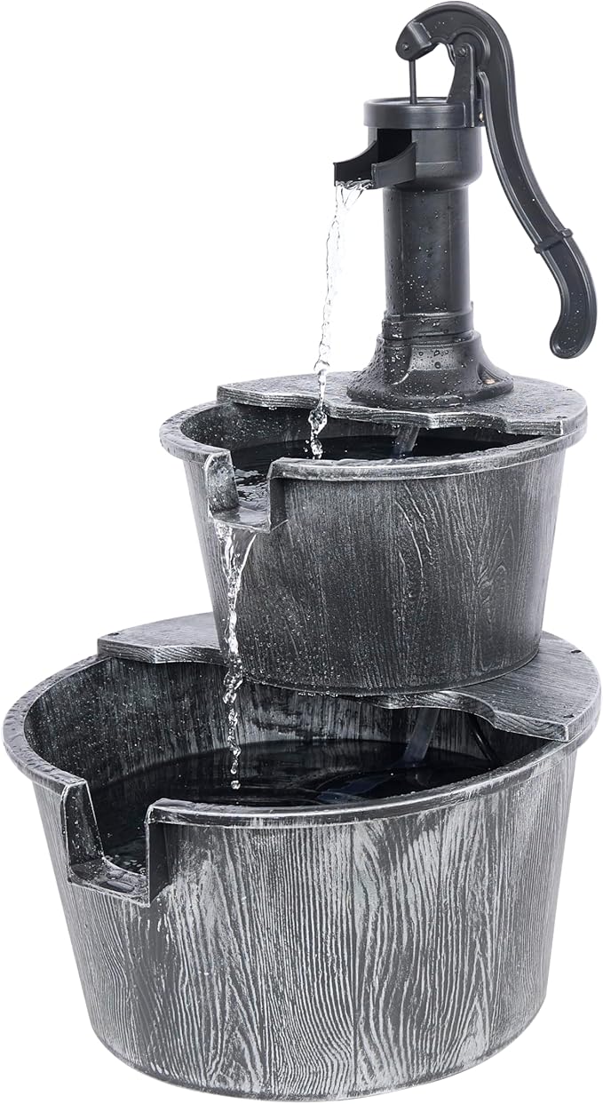 Alpine Corporation 27" Tall Rustic Outdoor 2-Tier Barrel Pump Water Fountain with Soothing Cascading Water Flow for Patio, Yard, Porch, or Landscape, Gray