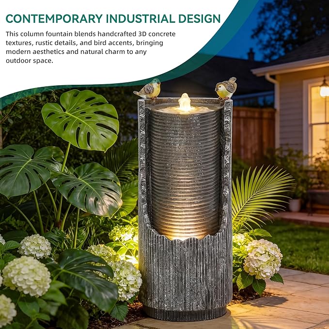 32" Rustic Cracked Jar Water Fountain Outdoor with LED Lights, Polyresin Freestanding Waterfall Feature, Tranquil Oasis for Garden, Patio, Yard, or Porch