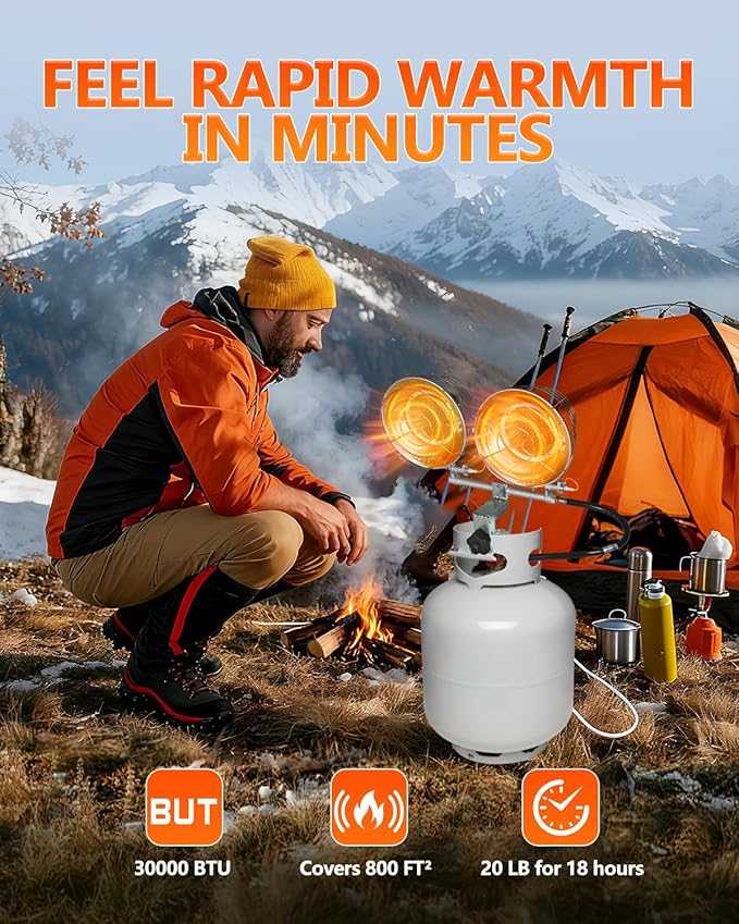 Breeze Touch Double Tank Top Propane Outdoor Heater, 30,000 BTU Propane Radiant Heater with 3 Heating Modes, Shut-off Valve and Tip-over Switch for Camping, Fishing, Garage, Patio