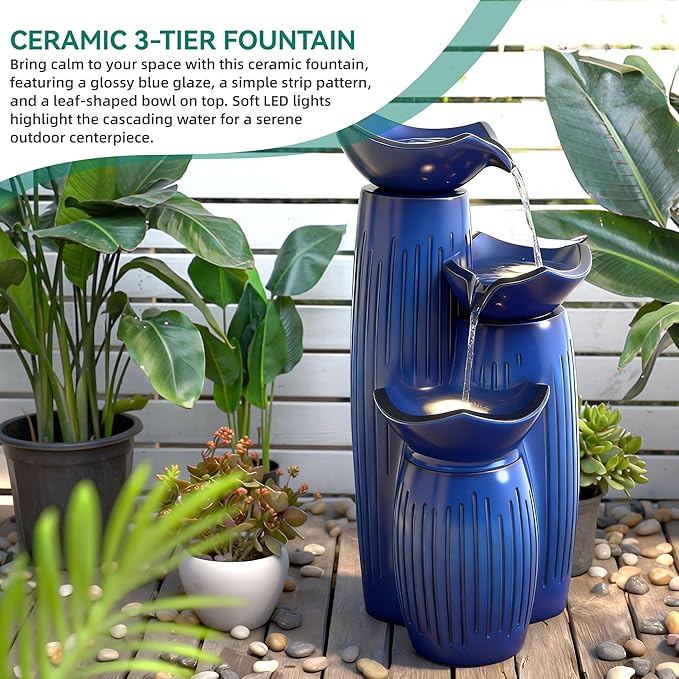 30" H Ceramic Outdoor Water Fountain with LED Lights, 3-Tier Cascading Lotus Bowls Water Feature, Soothing Cascading Waterfall for Garden, Patio, Yard, Cobalt Blue Vertical Striped Texture