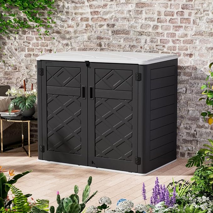ZZM Large Outdoor Storage Shed, 48 Cu Ft Resin Versatile Storage Cabinet for Patio Accessories, Trash Cans & Garden Tools, Durable Horizontal Storage Box with Lockable Lid (Black) - Image 6