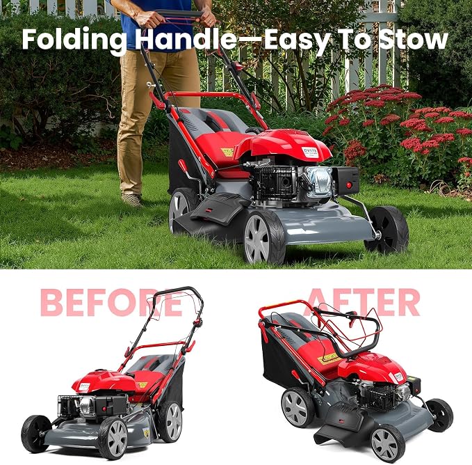 173cc Gas Powered Self Propelled Lawn Mower[Foldable] - Easy to Start, 3 in 1 Multi Functional Gas Push Lawnmower with 60L Grass Tank for Yard Garden, Self-Propelled Rear Wheel System, 20 Inch Red - Image 8