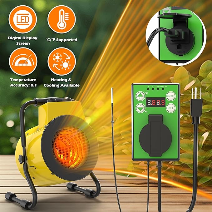 Greenhouse Heater with Digital Thermostat, Outdoor Heaters with 1500W Fast Heating, Overheat Protection, Adjustable Fan & Heater Mode, Electric Space Heater for Patio, Grow Tents, Garage