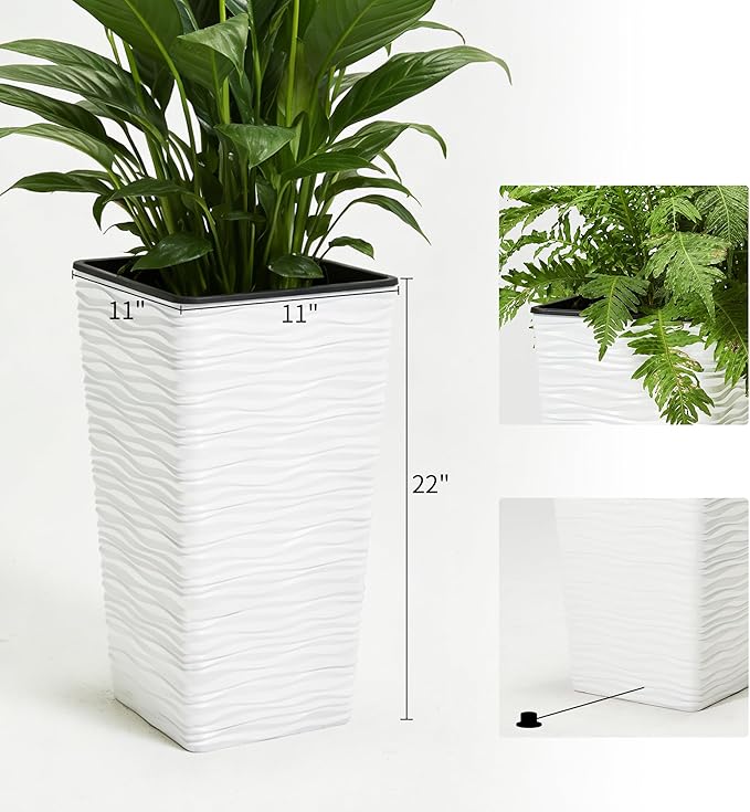 Worth 2 Pack 22" Tall Plastic Square Tapered Planter with Inside Pots for Indoor or Outdoor Use, Modern Wavy Finish for Front Porch or Deck, White