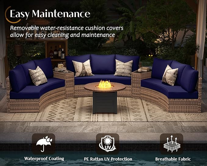PaPaJet 11-Piece Patio Furniture Set with Large Storage Wedge Table, Half-Moon Wicker Sectional Sofa with Cushions, Waterproof Rattan Outdoor Conversation Set for Beach, Pool, Garden & Balcony, Blue