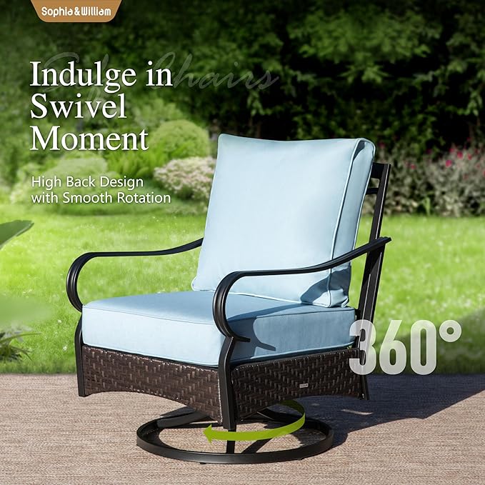 Sophia & William Extra Large Outdoor Patio Swivel Sofa Chairs Set 2 PCS Heavy-Duty Metal Porch Furniture with High Back & Deep Seating Area, 5.5" Thicken Cushions for Deck, Lawn, Outside (Blue)