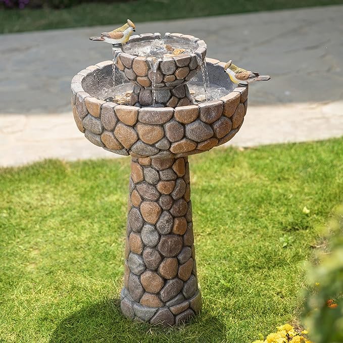 Glitzhome Water Fountain Outdoor with Birds Decor, 24.4”H 2-Tier Bird Bath Outdoor Fountain with Pump, Freestanding Garden Waterfall Fountains Water Feature