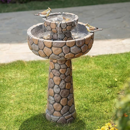 Glitzhome Water Fountain Outdoor with Birds Decor, 24.4”H 2-Tier Bird Bath Outdoor Fountain with Pump, Freestanding Garden Waterfall Fountains Water Feature