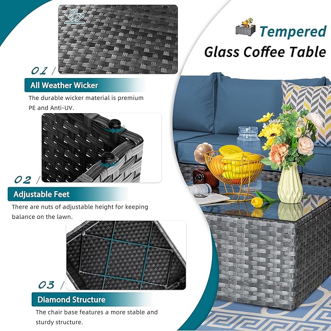 SUNLEI 7 PCS Rattan Patio Furniture Set with Glass Table & Washable Cushions, Conversation Patio Front Porch Furniture Set with Non-Slip and Thickened Cushion (Silver/Dark Blue)