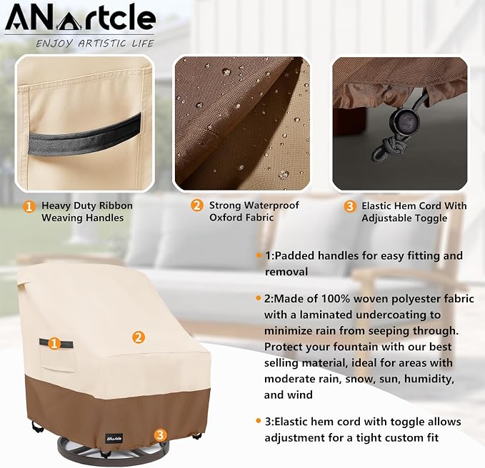 ANartcle Swivel Patio Chair Cover 4 Pack,600D Waterproof Heavy Duty Outdoor Chair Cover(35 W x 37 D x 36 H inches),Patio Furniture Covers,Outdoor Furniture Covers Waterproof,Beige&brown - Image 3