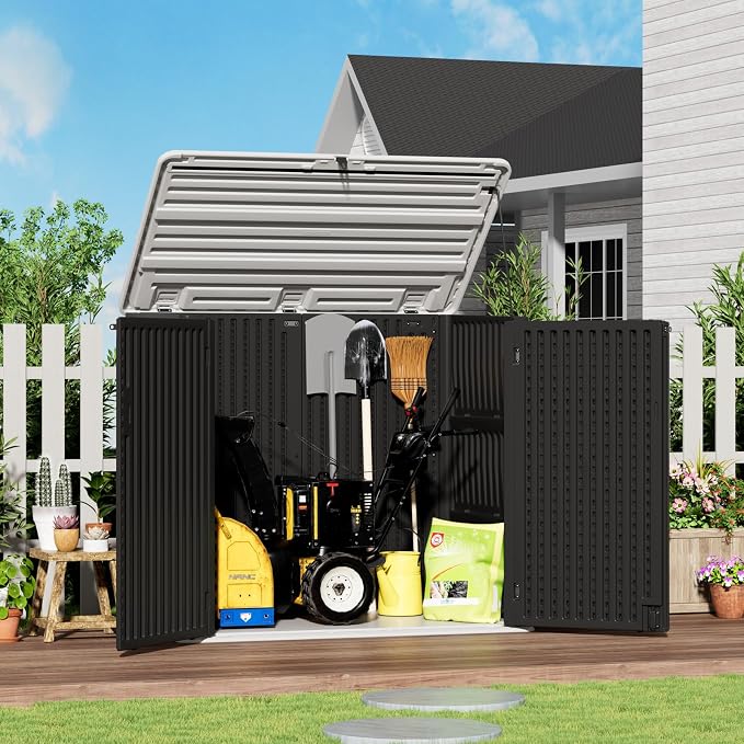 ZZM Large Outdoor Storage Shed, 48 Cu Ft Resin Versatile Storage Cabinet for Patio Accessories, Trash Cans & Garden Tools, Durable Horizontal Storage Box with Lockable Lid (Black) - Image 5