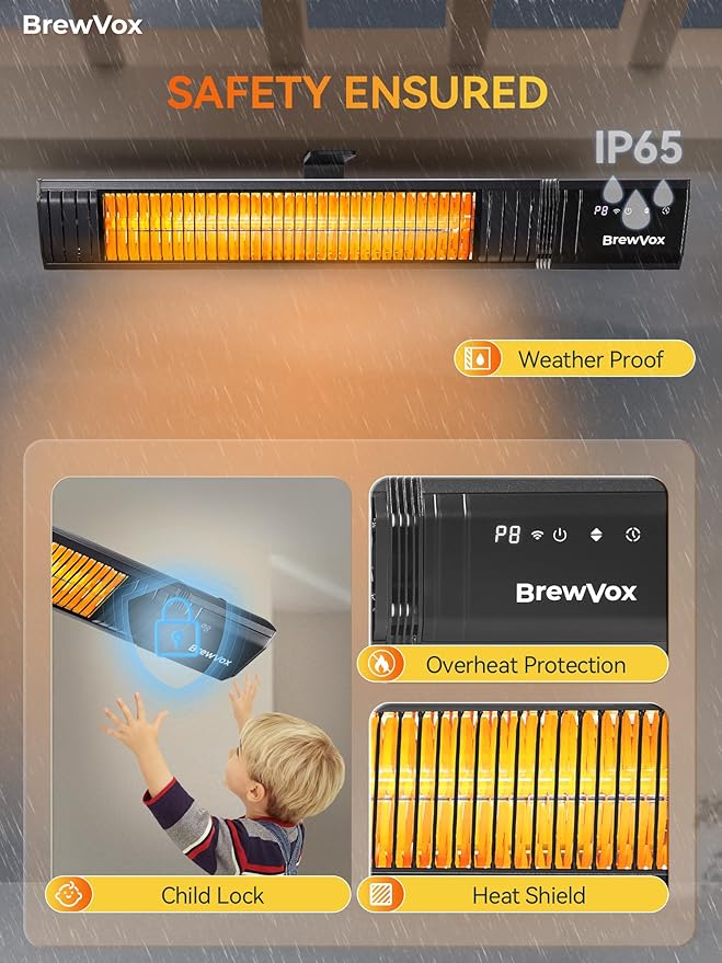 1500W Carbon Infrared Electric Outdoor Patio Heater, 9 Level Instant Warmth, Smart App-Controlled Remote On/Off, IP65 Weatherproof, 24H Timer for Living Room, Bedroom, Garage