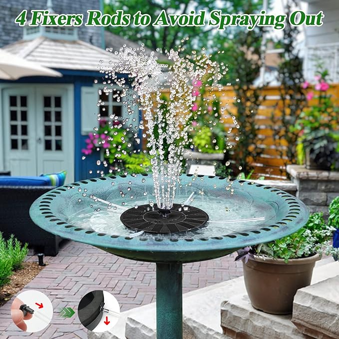 Solar Fountain 100% Glass Covered, Solar Powered Hummingbird Water Fountain, Outdoor Bird Bath Fountain Pump with 8 Nozzles & 4 Fixers for Garden, Pond, Pool, Fish Tank Decoration