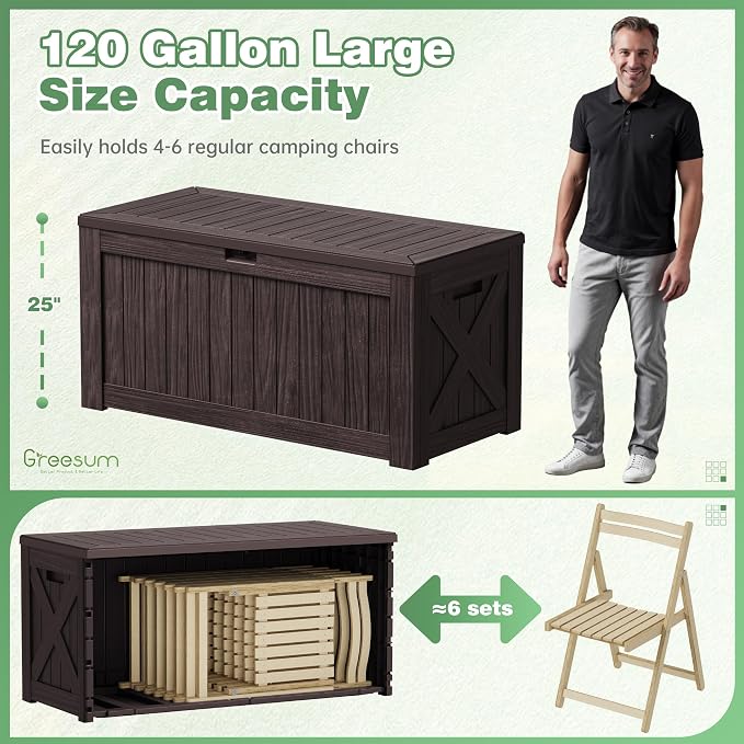 Greesum Outdoor Storage Box 120 Gallon Storage Bin with Lid for Patio Furniture, Garden Tools, Pool Supplies, Lockable, Waterproof and UV Resistant, Dark Brown - Image 5