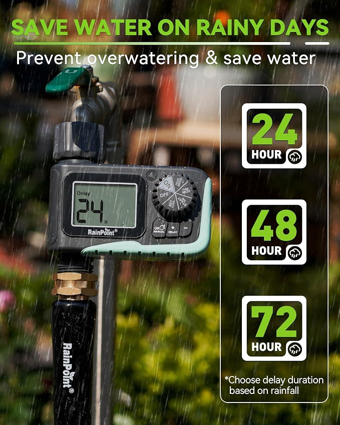 RAINPOINT Sprinkler Timer, Programmable Water Timer for Garden Hose, Outdoor Soaker Hose Timed with Rain Delay/Manual/Automatic Watering System, Digital Irrigation for Yard, Lawn, 1 Outlet - Image 4