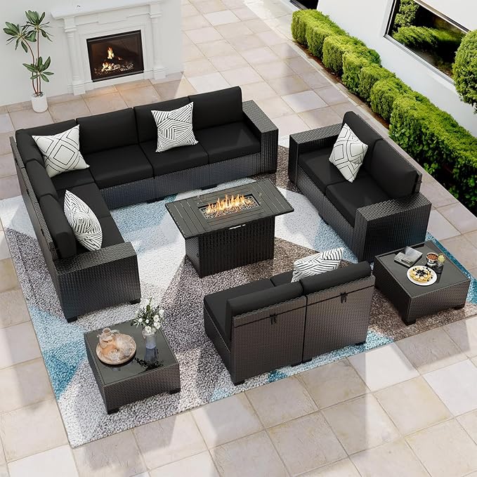 13 Piece Patio Furniture Set with Fire Pit Table, Outdoor Sectional Conversation Sets Black Wicker Rattan Sectional Sofa for Patio Garden Backyard, 4'' Thickened Cushion