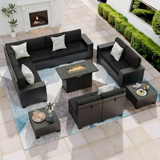 13 Piece Patio Furniture Set with Fire Pit Table, Outdoor Sectional Conversation Sets Black Wicker Rattan Sectional Sofa for Patio Garden Backyard, 4'' Thickened Cushion