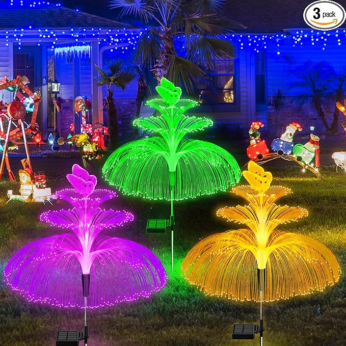 Solar Garden Lights 3 Pack New Upgraded Solar Lights Outdoor Waterproof 3 Layers 7 Color Changing Jellyfish Butterfly Decorations for Garden Yard Gifts for Women